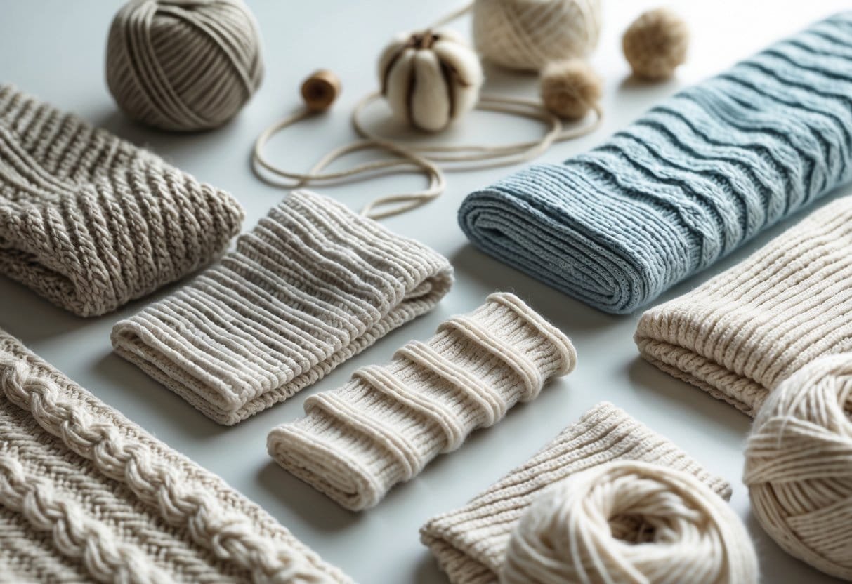 Close-up view of different knitted fabric samples and raw textile materials arranged on a light surface.