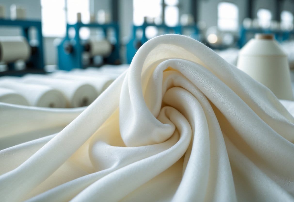 Close-up of soft viscose fabric with a blurred factory background showing textile production machinery.