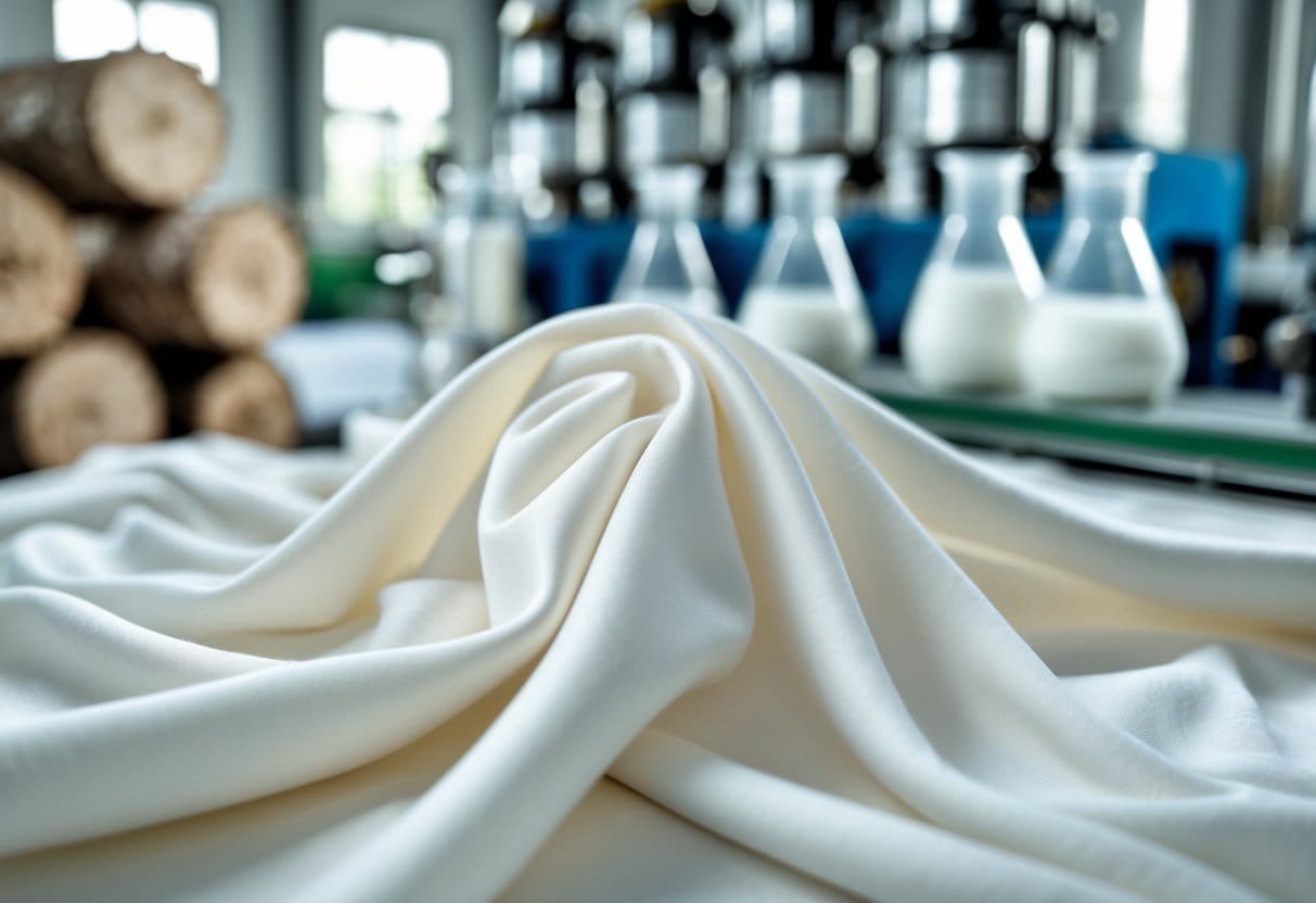 Close-up of soft viscose fabric with blurred background showing raw wood pulp and chemical equipment in a factory setting.