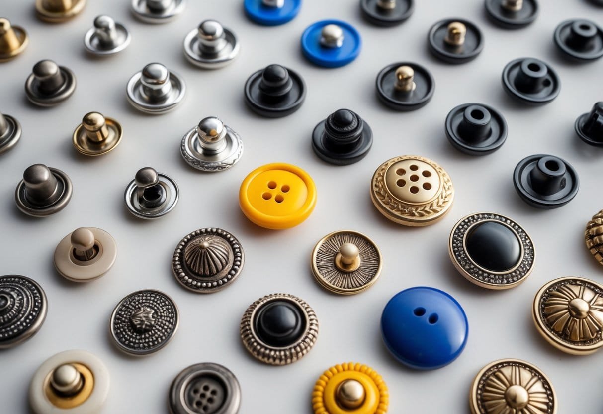 Close-up image of different types of stud buttons arranged neatly on a plain background.
