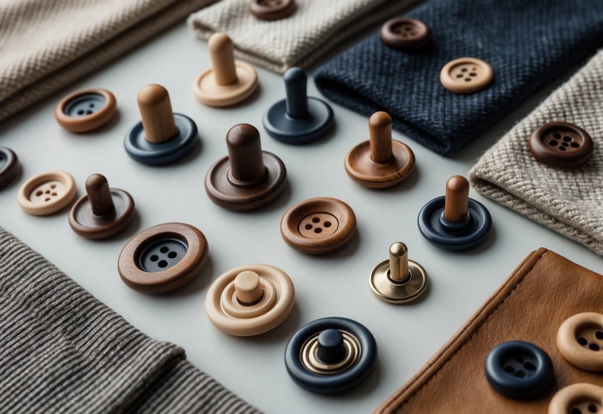 Close-up view of various toggle buttons attached to different fabric swatches arranged on a neutral background.