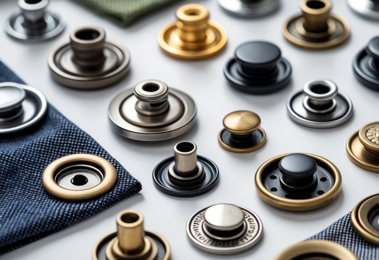 Close-up of various snap buttons for clothes displayed on fabric swatches against a neutral background.