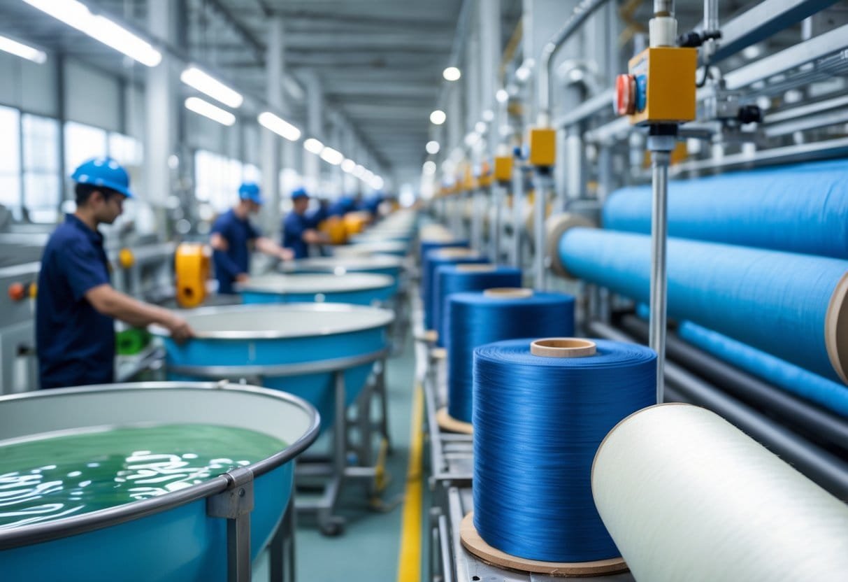 Workers in a textile factory operating machines that produce viscose fabric, with close-ups of viscose fibers and fabric rolls.