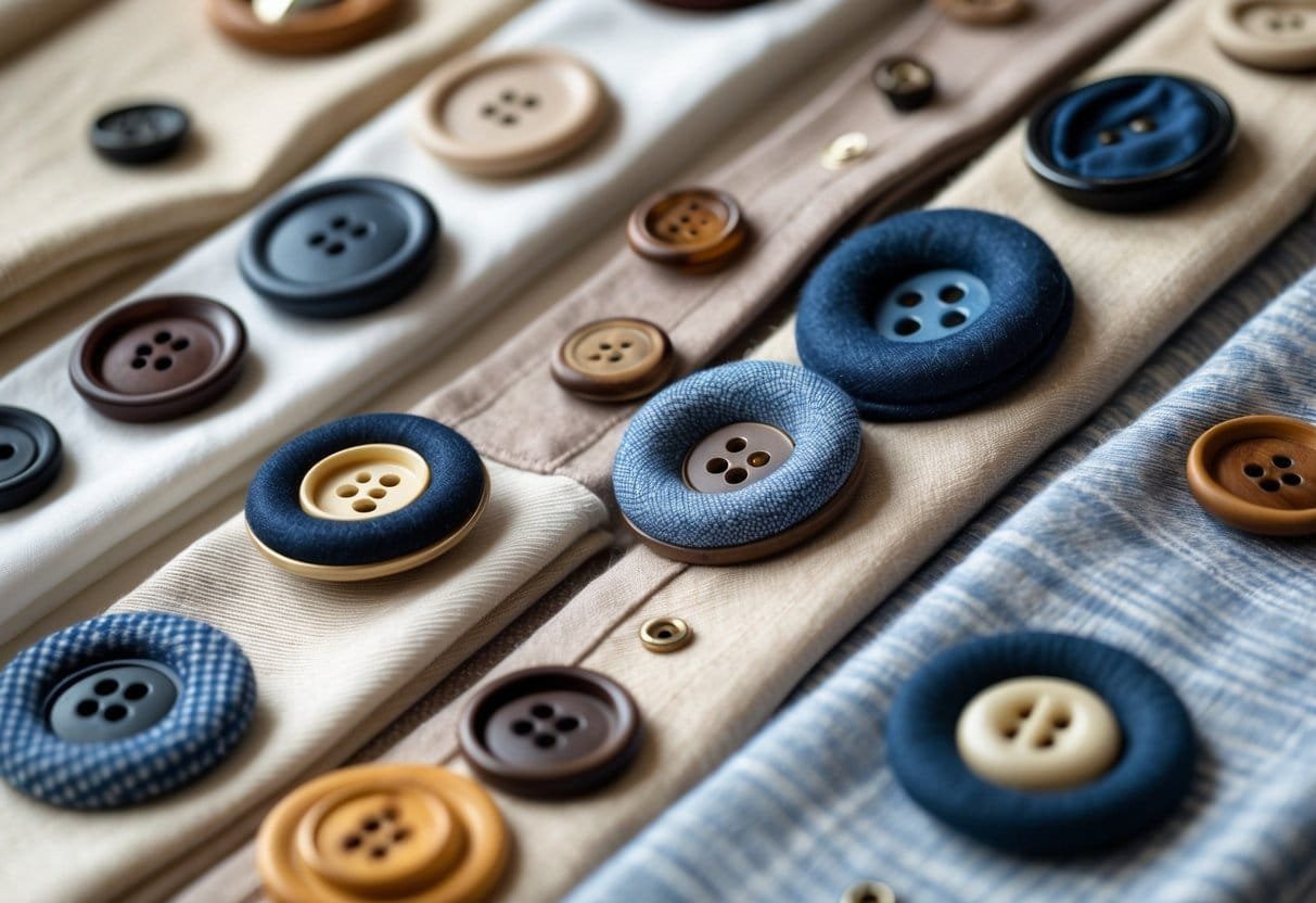 Close-up view of various fabric-covered buttons sewn onto different clothing materials.