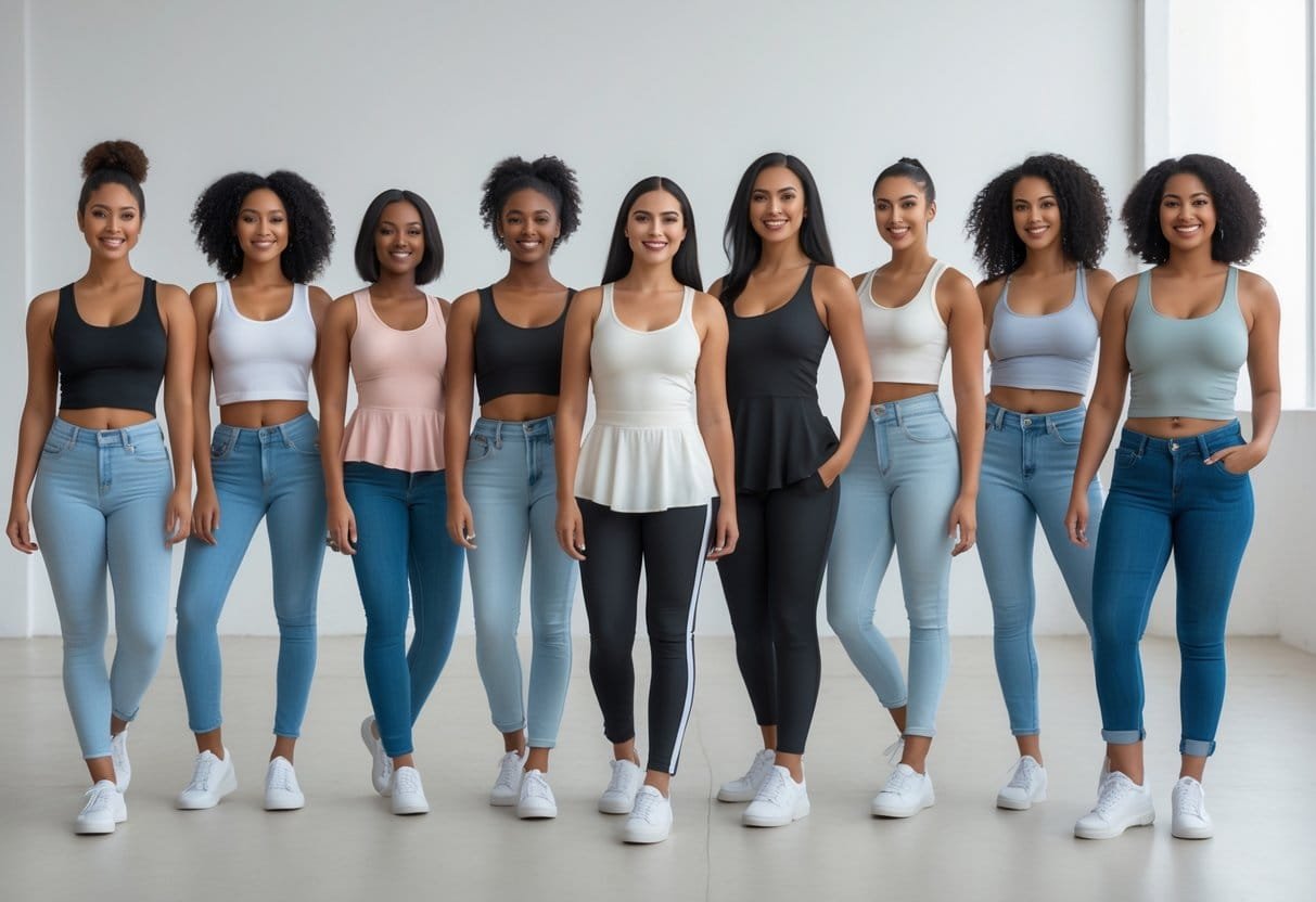 Twelve women standing together wearing different styles of tank tops in a bright studio.