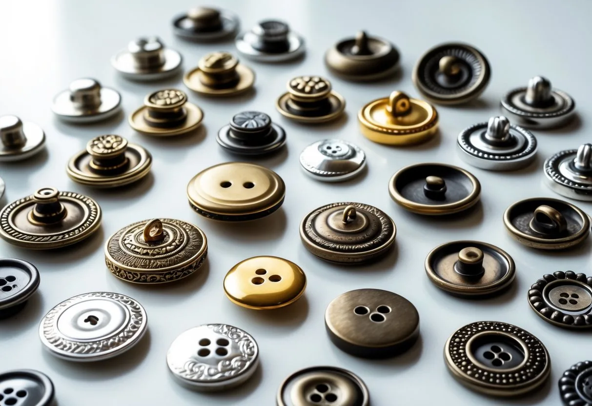 A collection of various metal buttons in different sizes and finishes arranged neatly on a white surface.