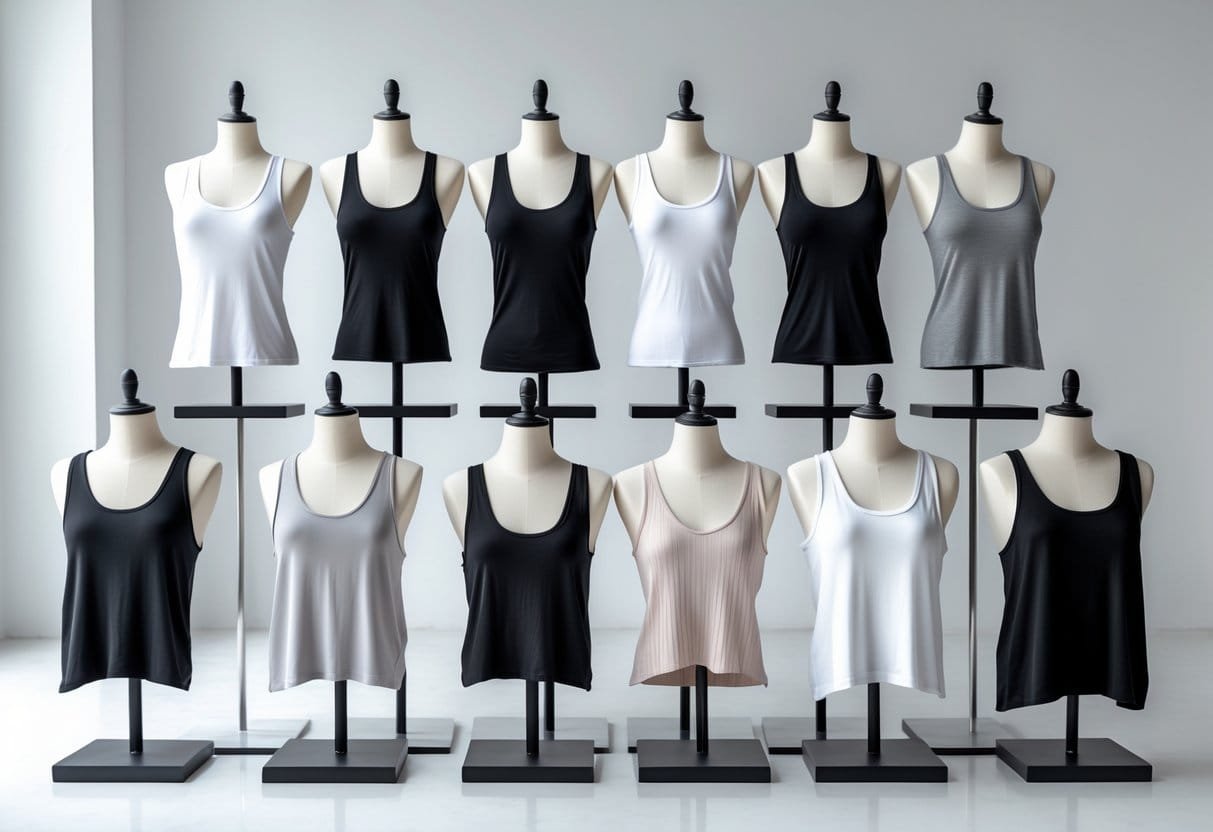 Twelve different styles of basic tank tops displayed on mannequins in a bright studio.
