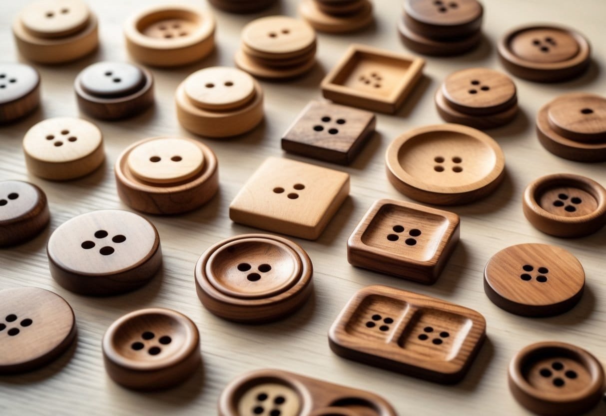 A collection of wooden buttons of different shapes and sizes arranged on a wooden surface.