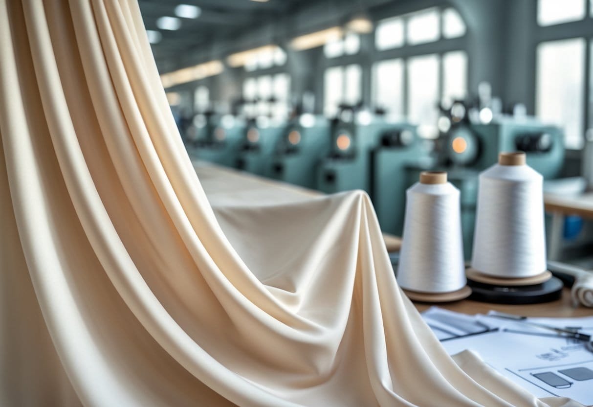 Close-up of smooth viscose fabric draped with a textile factory and fashion design workspace in the background.