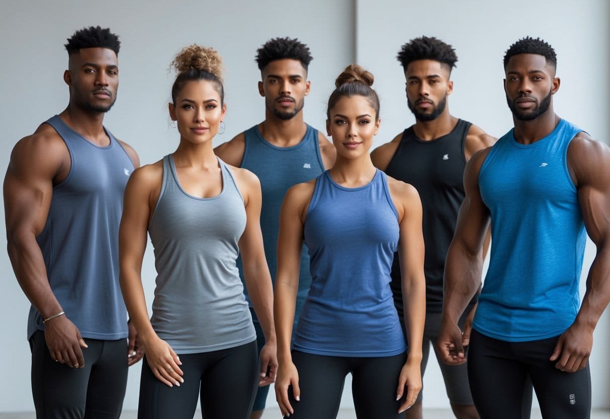 A group of men and women wearing different styles of muscle tank tops standing together in a bright studio.