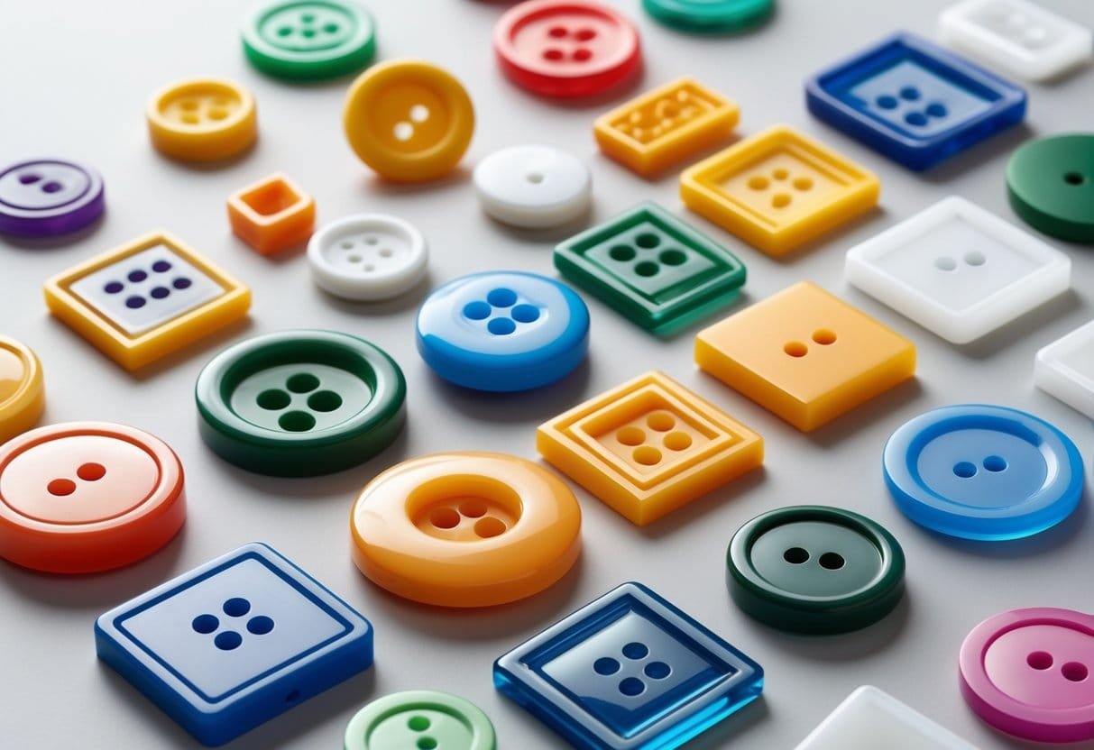A collection of various plastic clothing buttons in different shapes, sizes, and colors arranged on a plain background.
