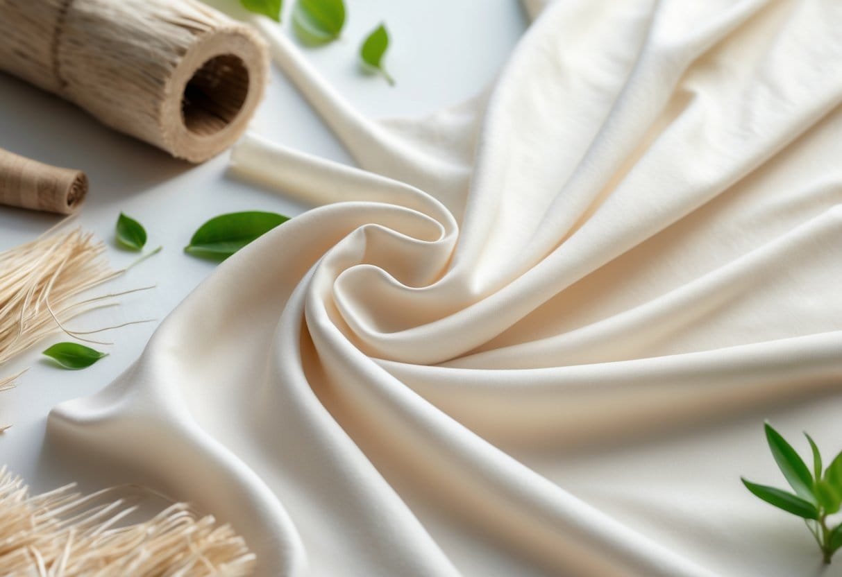Close-up of soft viscose fabric draped smoothly, with natural fibers and raw materials nearby on a neutral background.