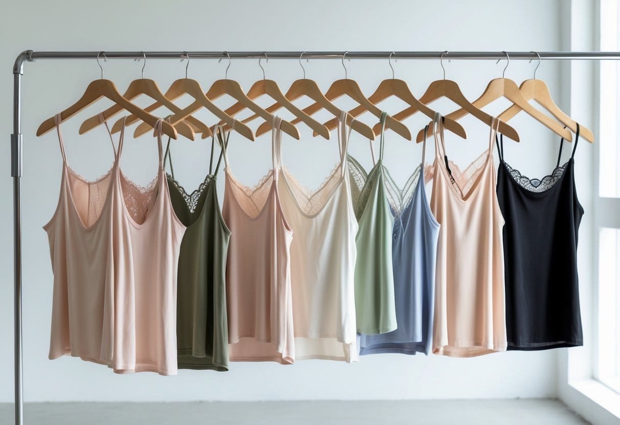 A clothing rack displaying twelve different styles of camisole tank tops in various colors and designs.