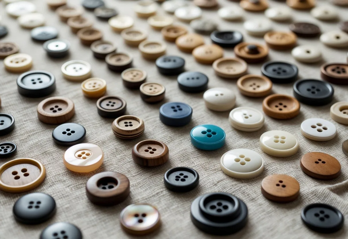 Close-up view of different types of clothing buttons arranged on fabric.