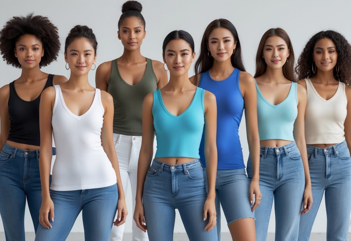 Six people standing together wearing different styles of V-neck tank tops in a bright studio setting.