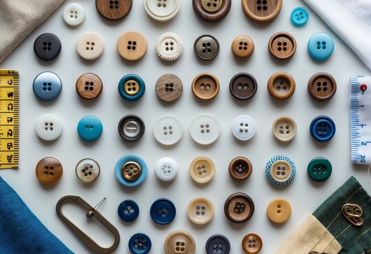 An assortment of different types of buttons arranged with sewing tools on a neutral surface.