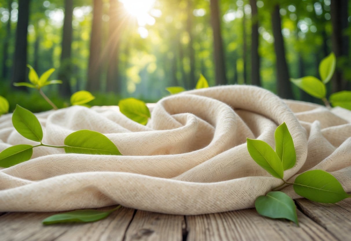 Close-up of beige viscose fabric draped over wood with green leaves and trees in the background symbolizing sustainable fabric production.