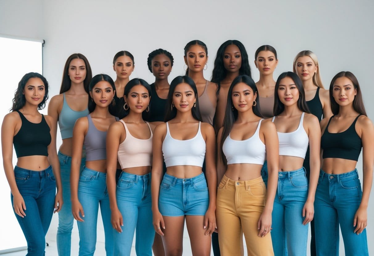 Twelve women wearing different styles of crop tank tops standing together in a bright studio.