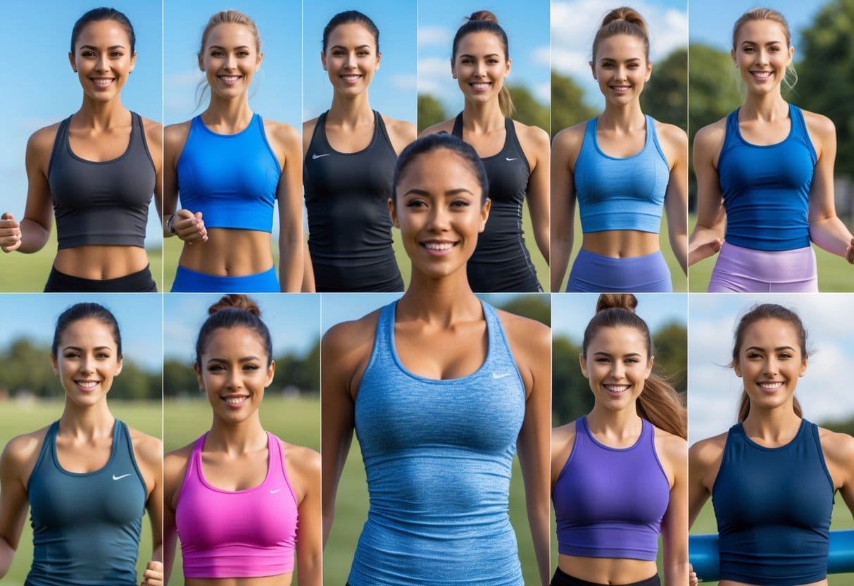 A group of athletes outdoors wearing different styles of tank tops while engaging in various fitness activities.