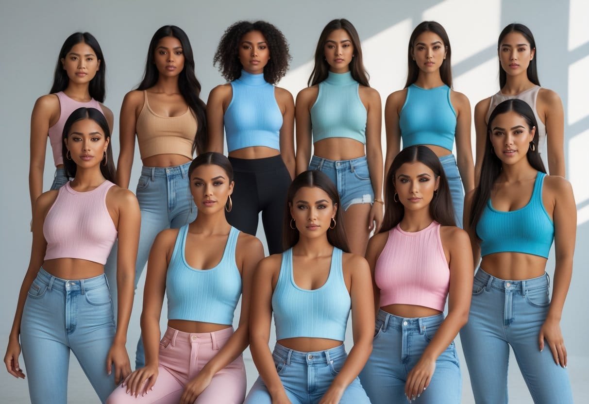 Twelve women wearing different styles of ribbed tank tops posing together in a bright studio.
