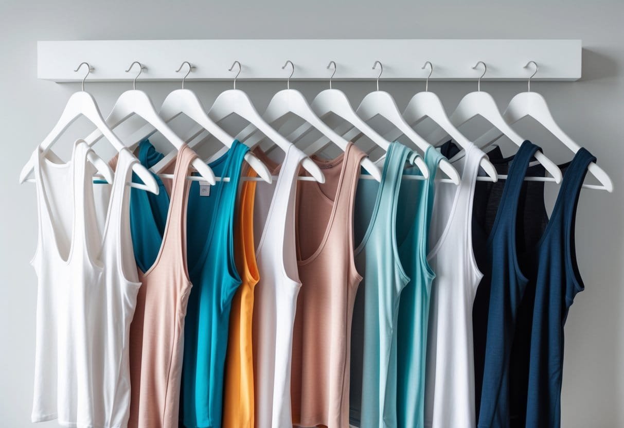 Twelve different seamless tank tops displayed neatly on hangers and folded on a neutral background.