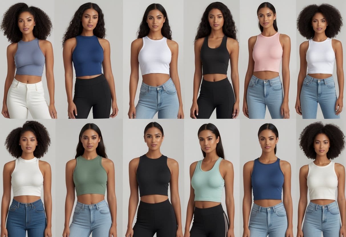 A group of women wearing different styles of tank tops, standing together in a bright studio.