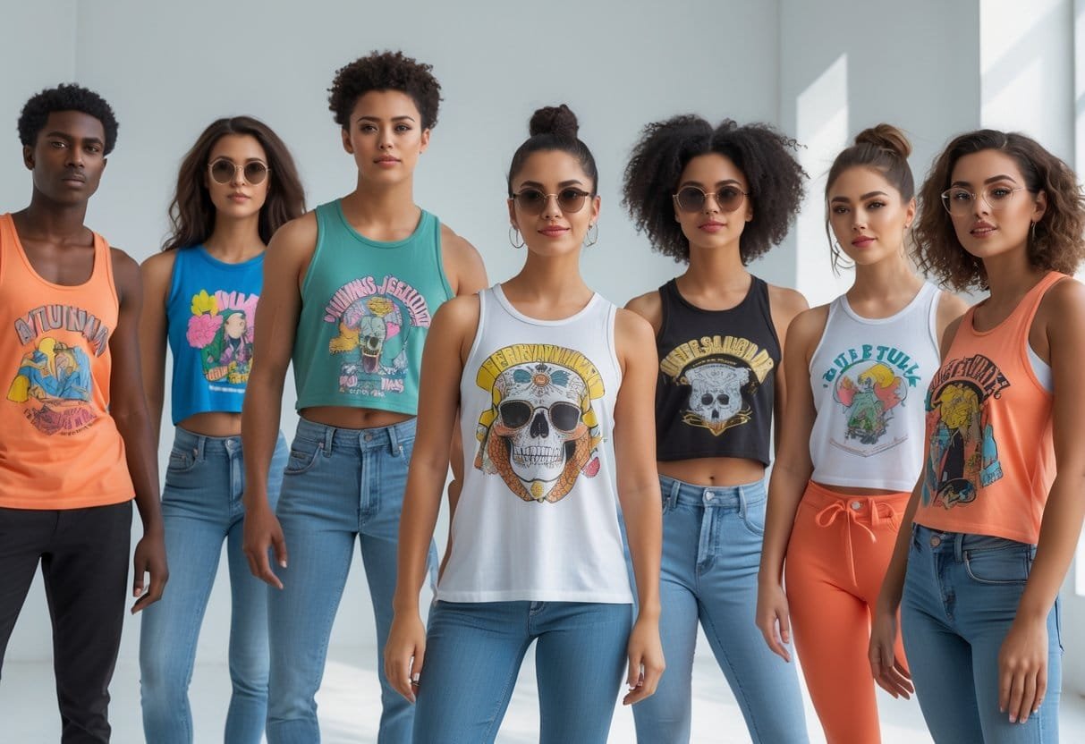 A group of six diverse young adults wearing different styles of graphic print tank tops, standing and posing in a bright studio.