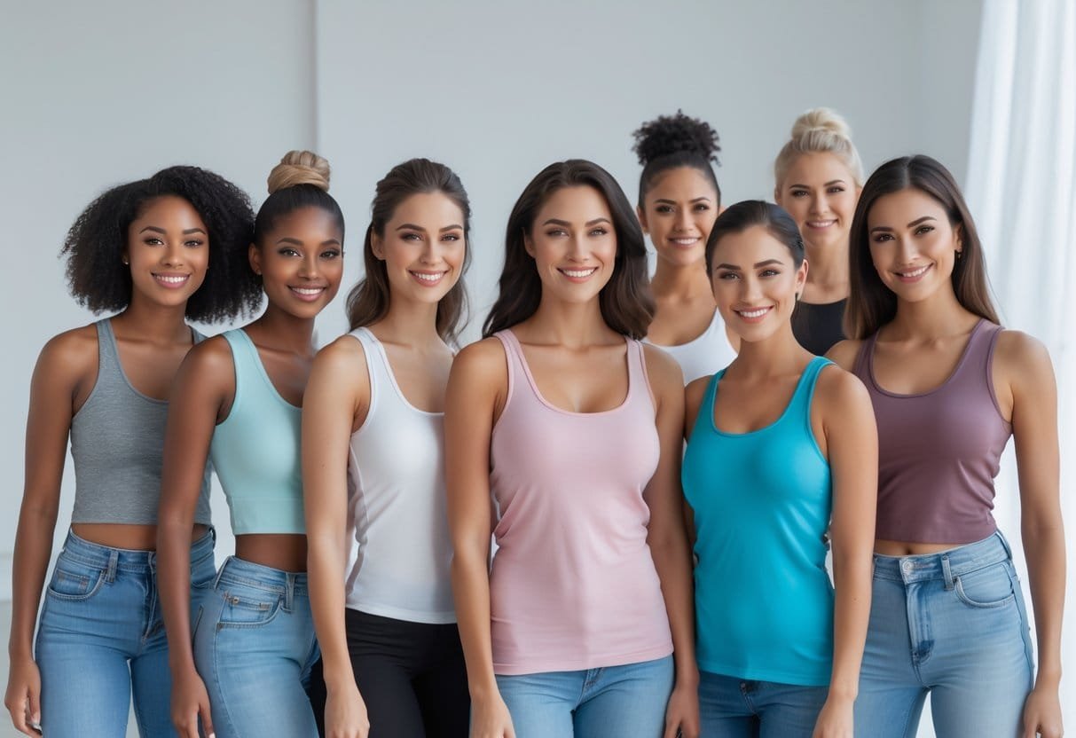 A group of women standing together in a bright studio, each wearing a different style of sleeveless top, smiling and posing confidently.