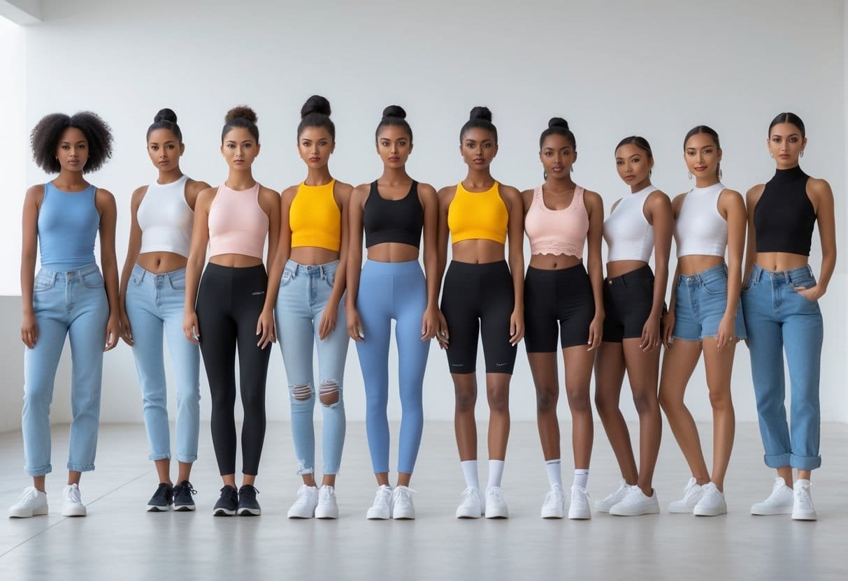 A group of diverse people wearing various styles of tank tops layered with different clothing pieces, standing in a bright studio.