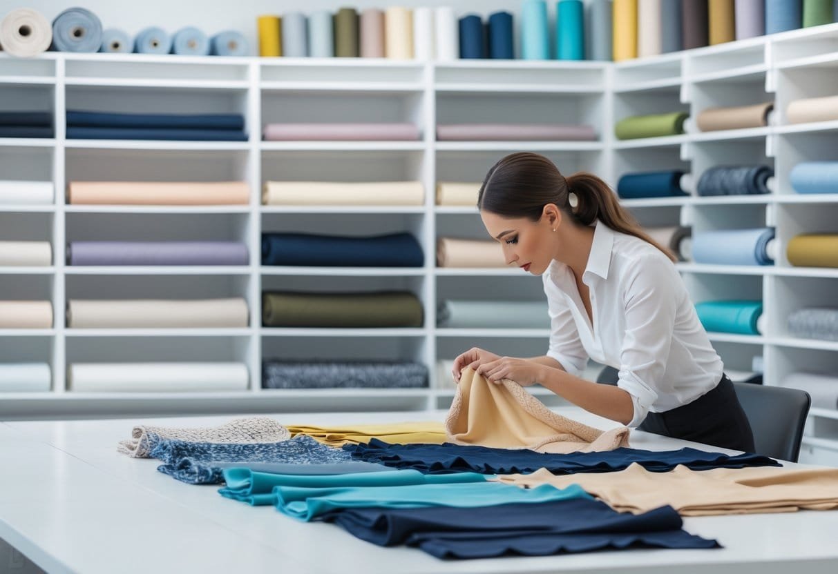 Person examining fabric swatches in a fabric showroom with rolls of fabric on shelves around them.