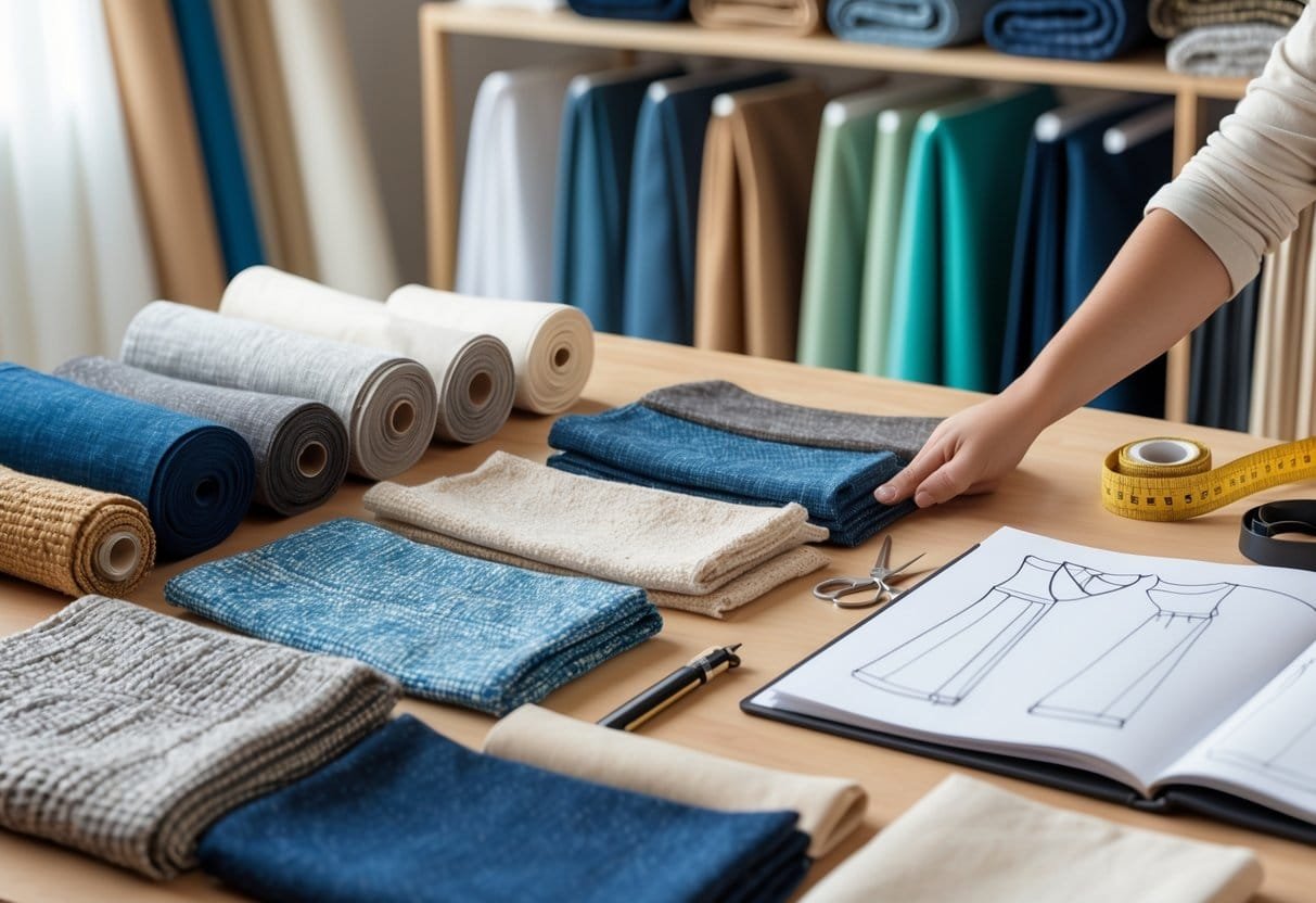 Hands examining fabric swatches on a table surrounded by textile samples and clothing design tools.