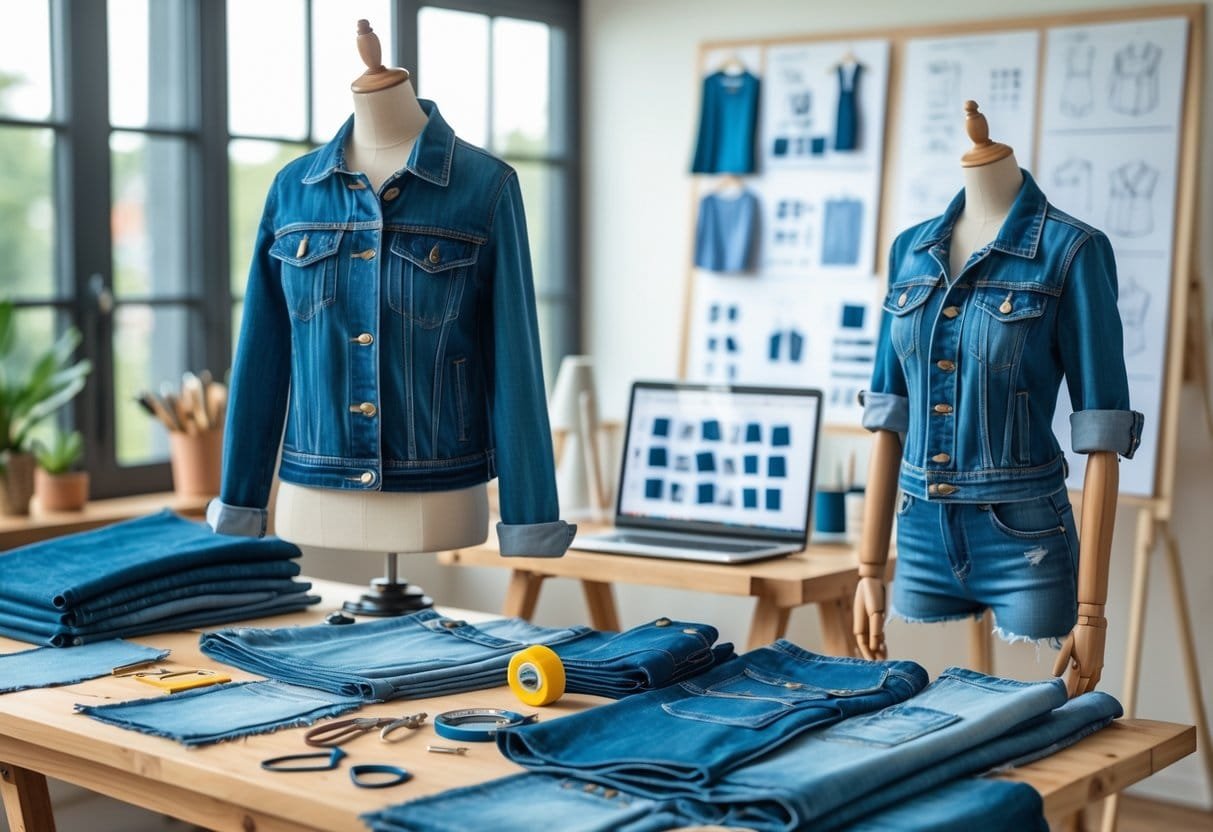 A fashion designer's studio with denim fabric, sewing tools, a mannequin wearing a denim jacket, and a laptop showing design sketches.