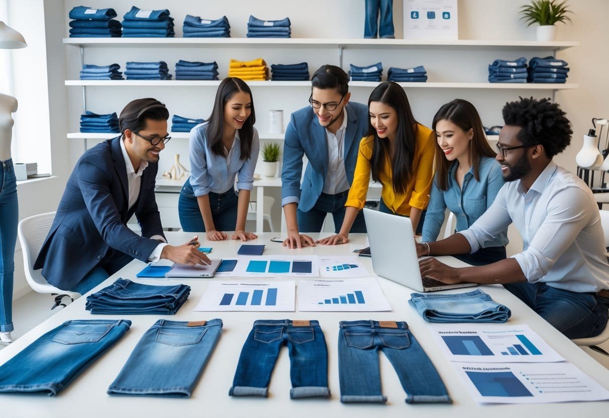 A group of professionals collaborating around a table with denim fabric samples, sketches, and laptops in a bright office space.
