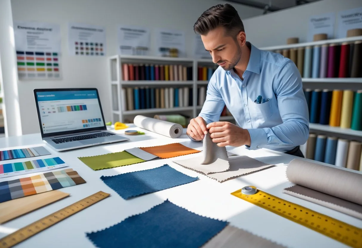 A person inspecting fabric samples on a table with various textiles and measuring tools in a textile factory or design studio.