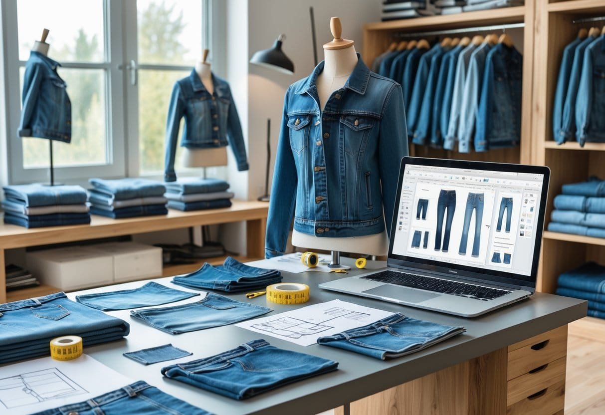 A workspace with denim fabric swatches, fashion sketches, sewing tools, a mannequin wearing a denim jacket, and a laptop in a bright studio.