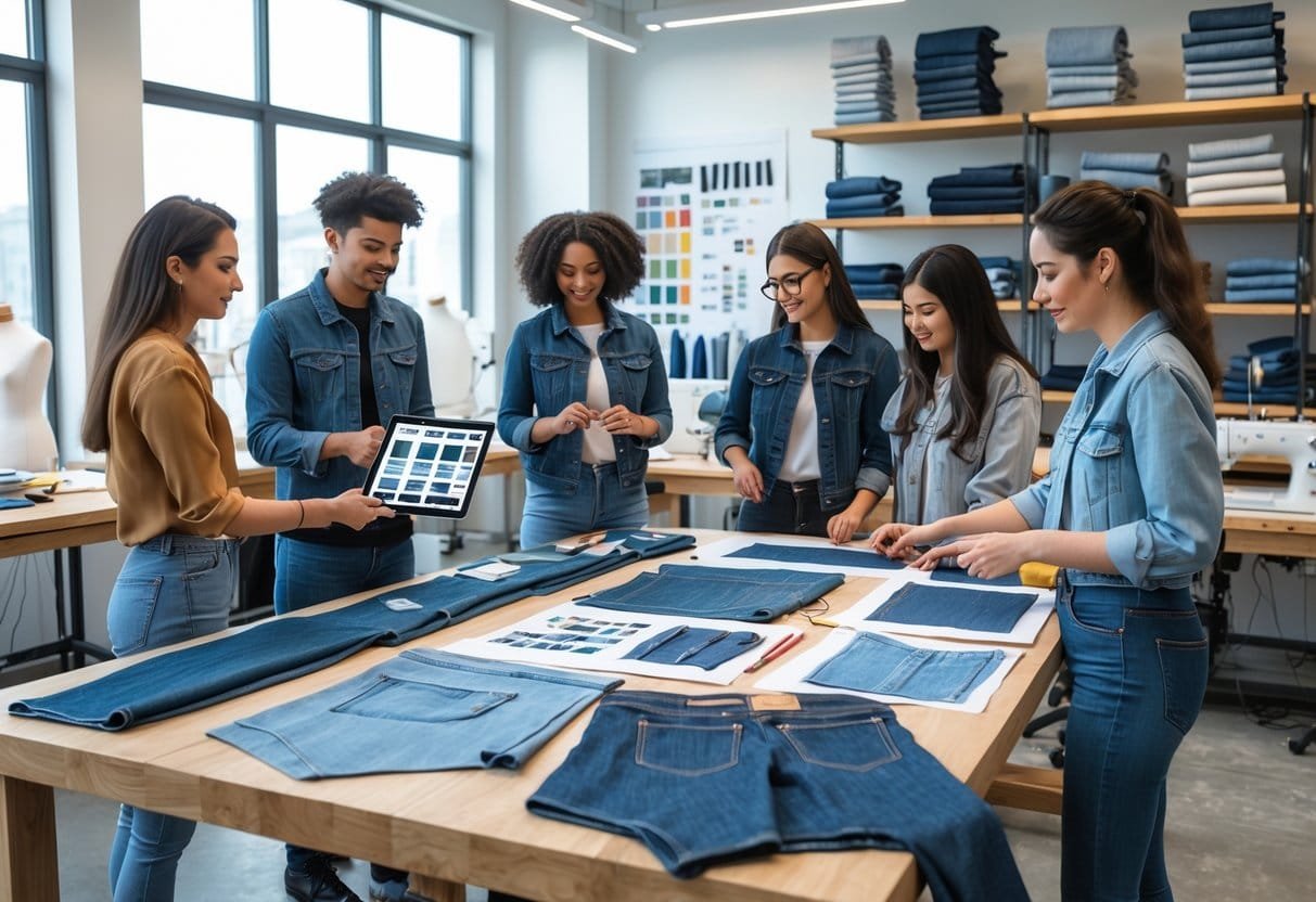A group of designers working together at a table with denim fabrics, sketches, and sewing tools in a bright studio.