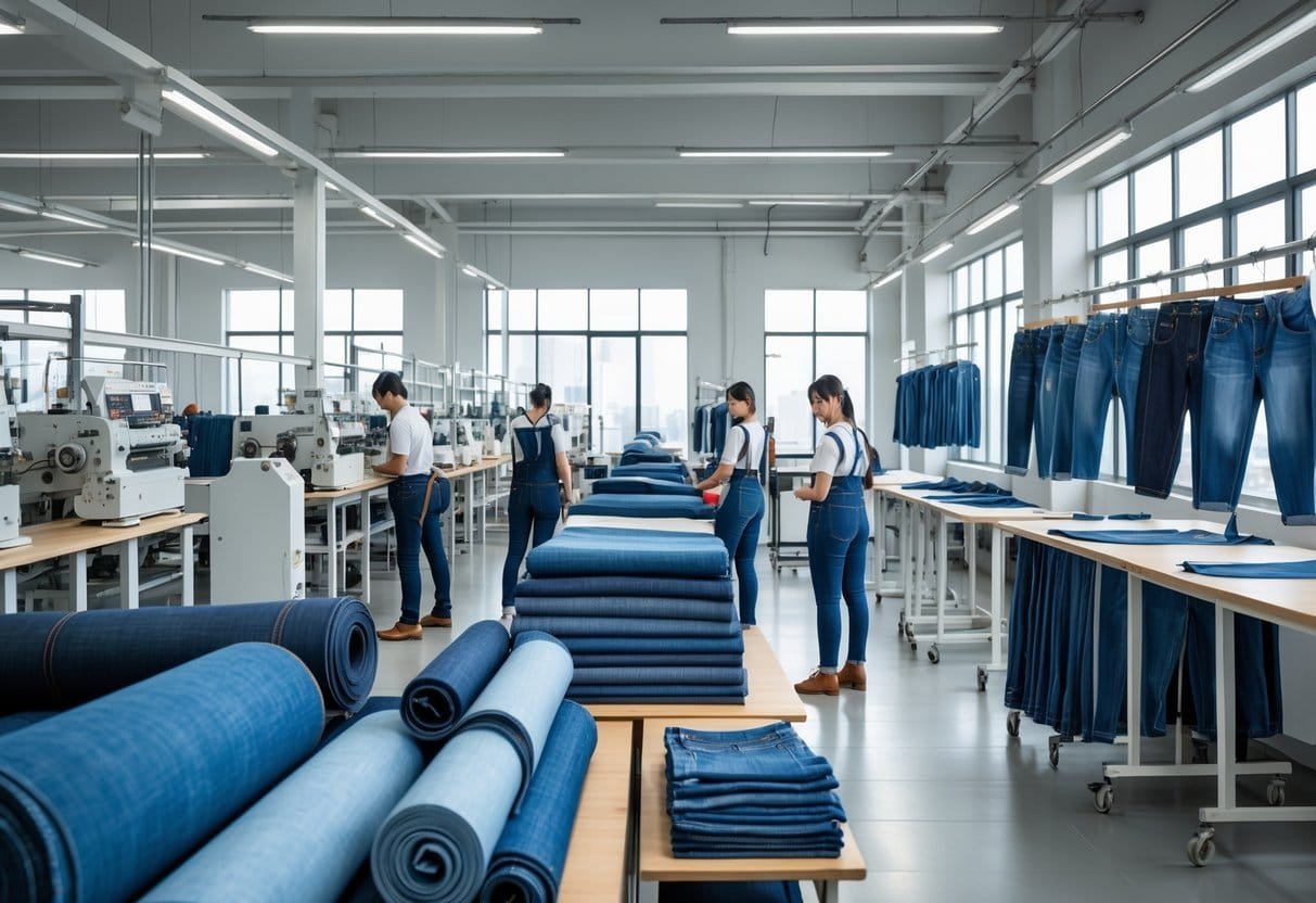 Workers inspecting denim fabric and sewing denim garments in a factory setting with tools and finished products visible.