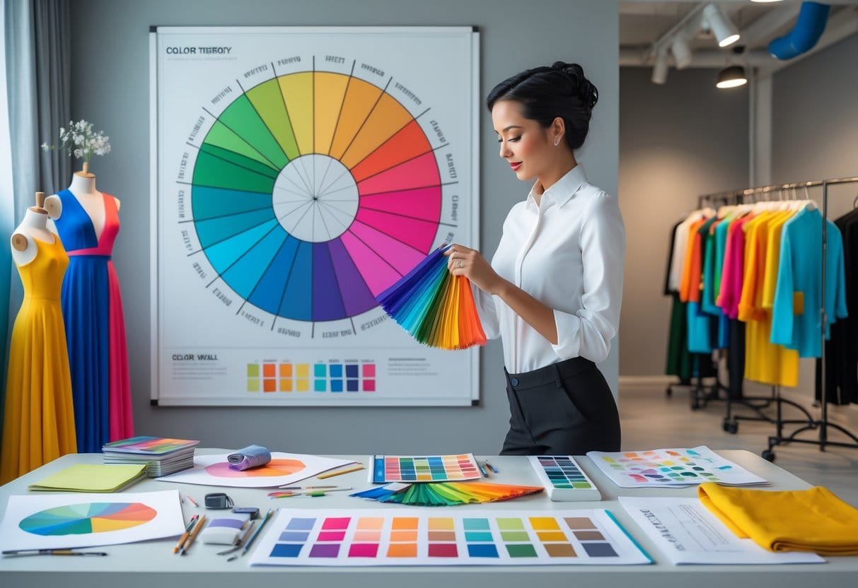 A fashion designer in a studio holding fabric swatches near a color wheel with sketches, mannequins, and colorful fabrics around.