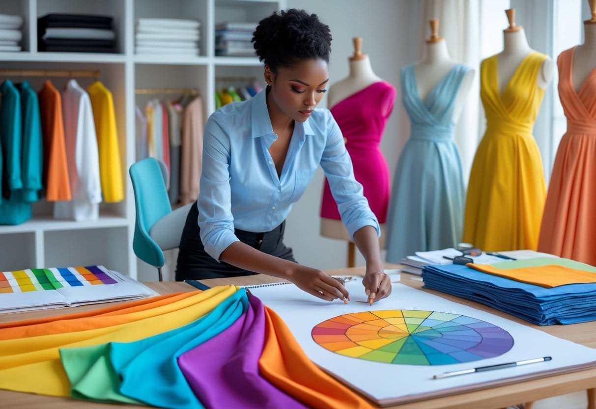 A fashion designer working at a desk with a color wheel, fabric swatches, sketches, and mannequins dressed in colorful garments.