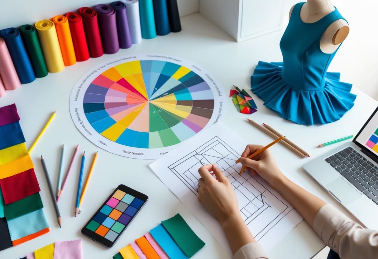 A fashion designer's workspace with a color wheel, fabric swatches, sketches, and a mannequin with a garment.