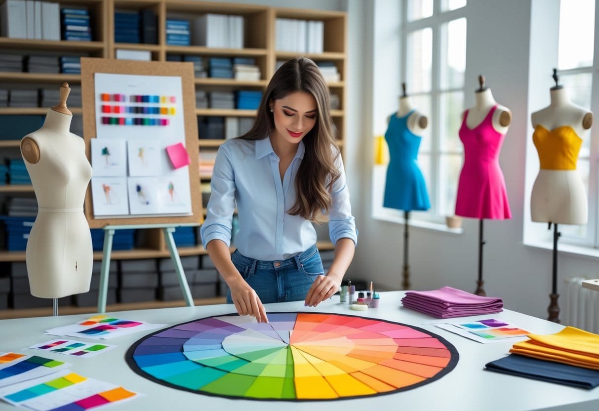 A fashion designer in a studio examining colorful fabric swatches arranged in a circle on a table, surrounded by design sketches, mannequins, and sewing tools.