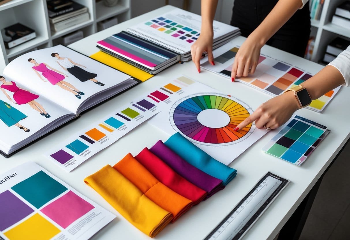 A workspace with fashion sketches, fabric swatches, and color charts arranged on a desk, with hands organizing the materials.
