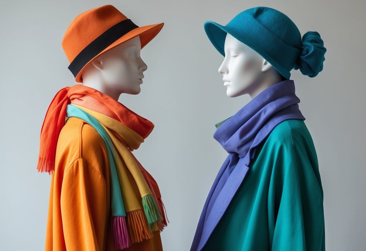 Two mannequins side by side wearing warm-colored and cool-colored clothing against a neutral background.