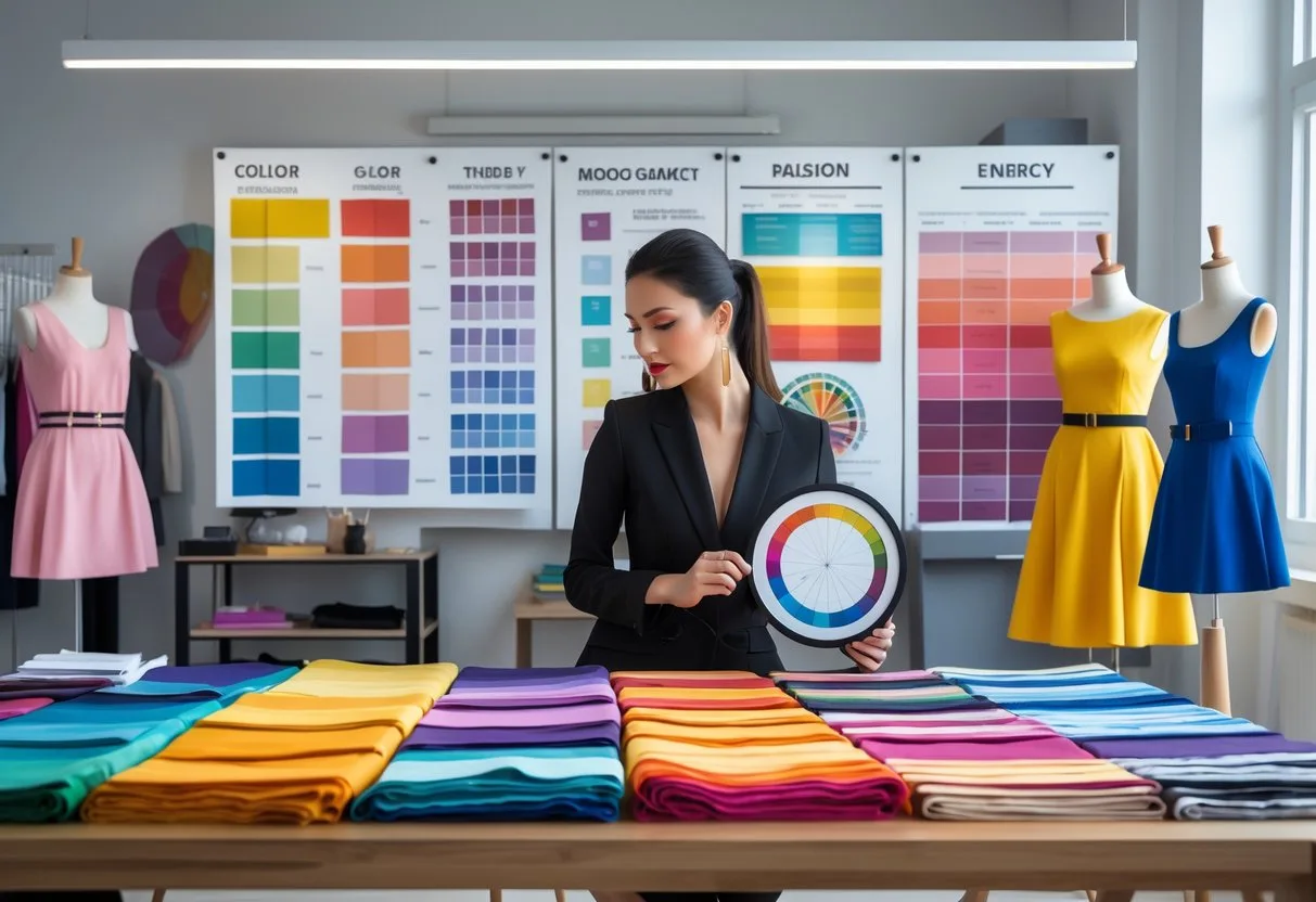 A fashion designer's studio with fabric swatches, color charts, and mannequins displaying garments in various colors, showing the use of color in fashion design.