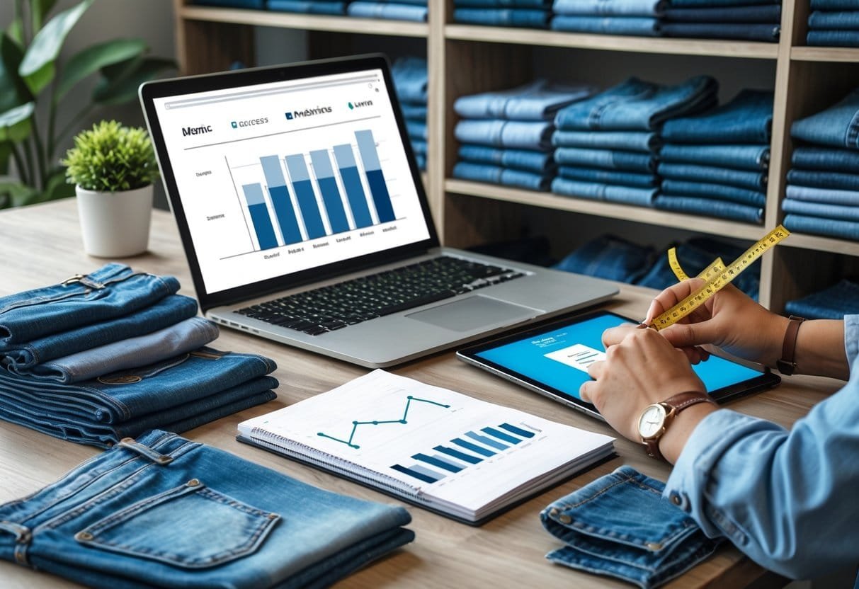 A person working at a desk with denim fabric samples, design sketches, and digital devices showing charts and measurements related to denim clothing.