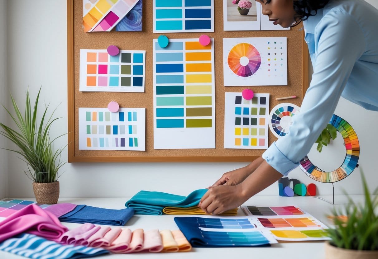 A fashion designer's workspace with mood boards, color swatches, and fabric samples arranged on a desk, with hands selecting colorful fabrics.