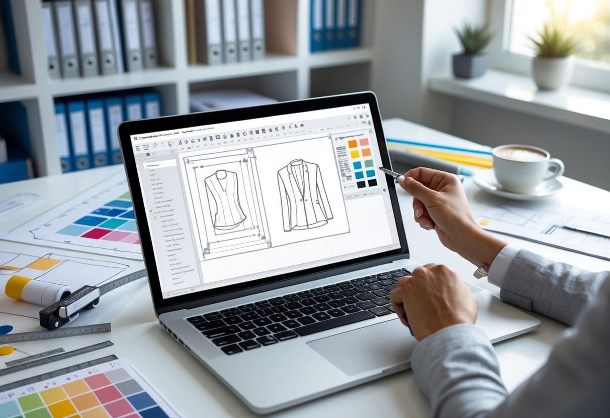 A person working at a desk with a laptop showing a tech pack design, surrounded by fabric samples, technical drawings, and measurement tools.