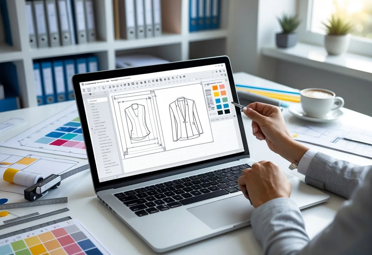 A person working at a desk with a laptop showing a tech pack design, surrounded by fabric samples, technical drawings, and measurement tools.