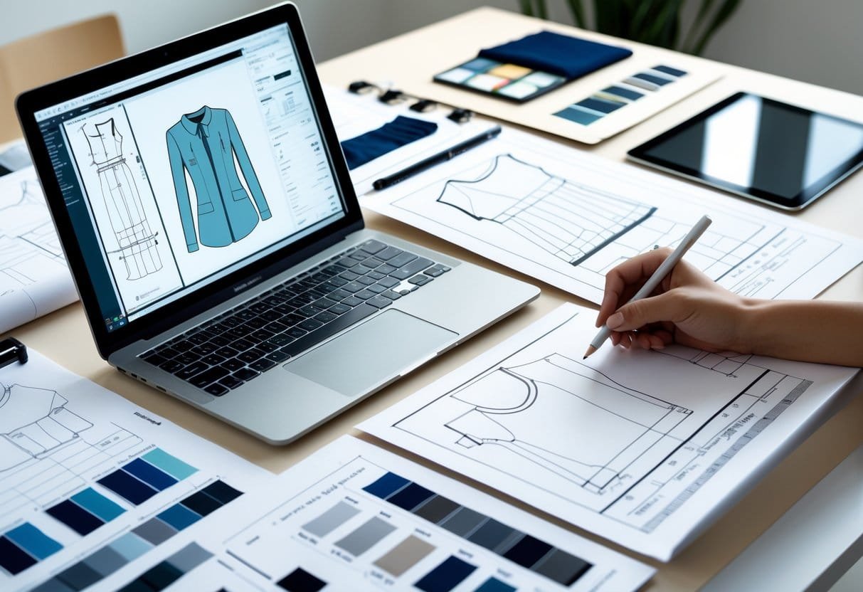 A workspace with a laptop, printed garment sketches, fabric swatches, and a hand annotating documents related to tech pack creation.