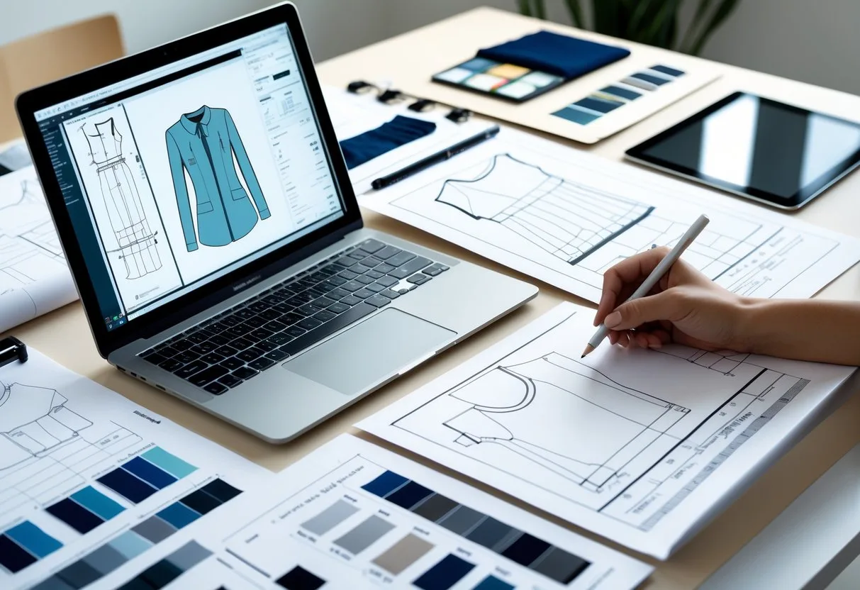 A workspace with a laptop, printed garment sketches, fabric swatches, and a hand annotating documents related to tech pack creation.